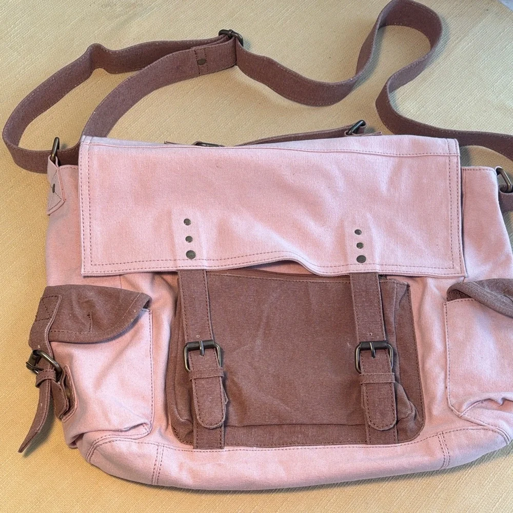 Mona B Pink and Tan Signature Canvas Messenger Computer Bag Tote